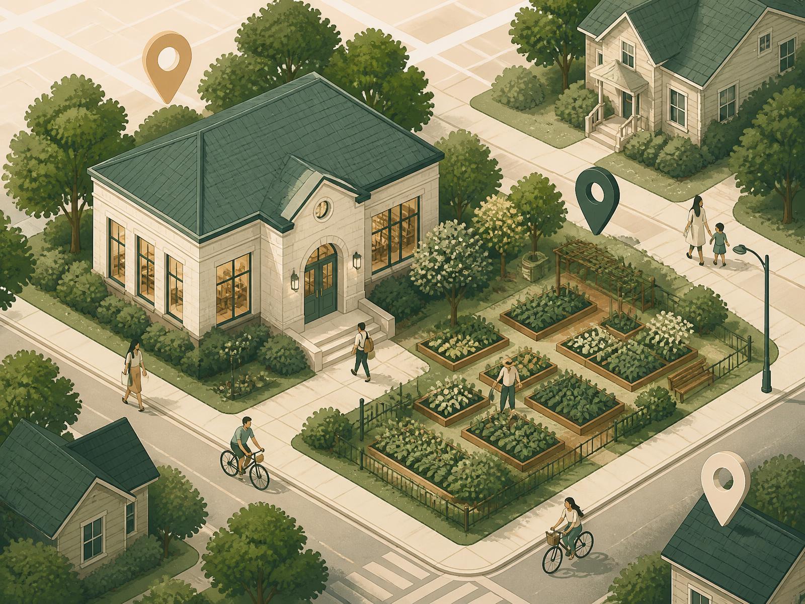 Illustrated neighborhood block with a community library, garden and map location pins
